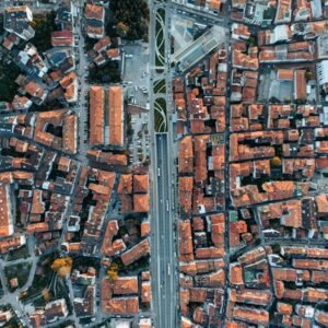 an aerial view of a city with lots of buildings